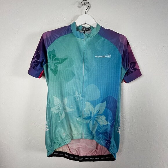 Weimostar Womens Full-Zip Cycling Jersey Top Large Short Sleeve Floral Blue Red - Picture 1 of 7